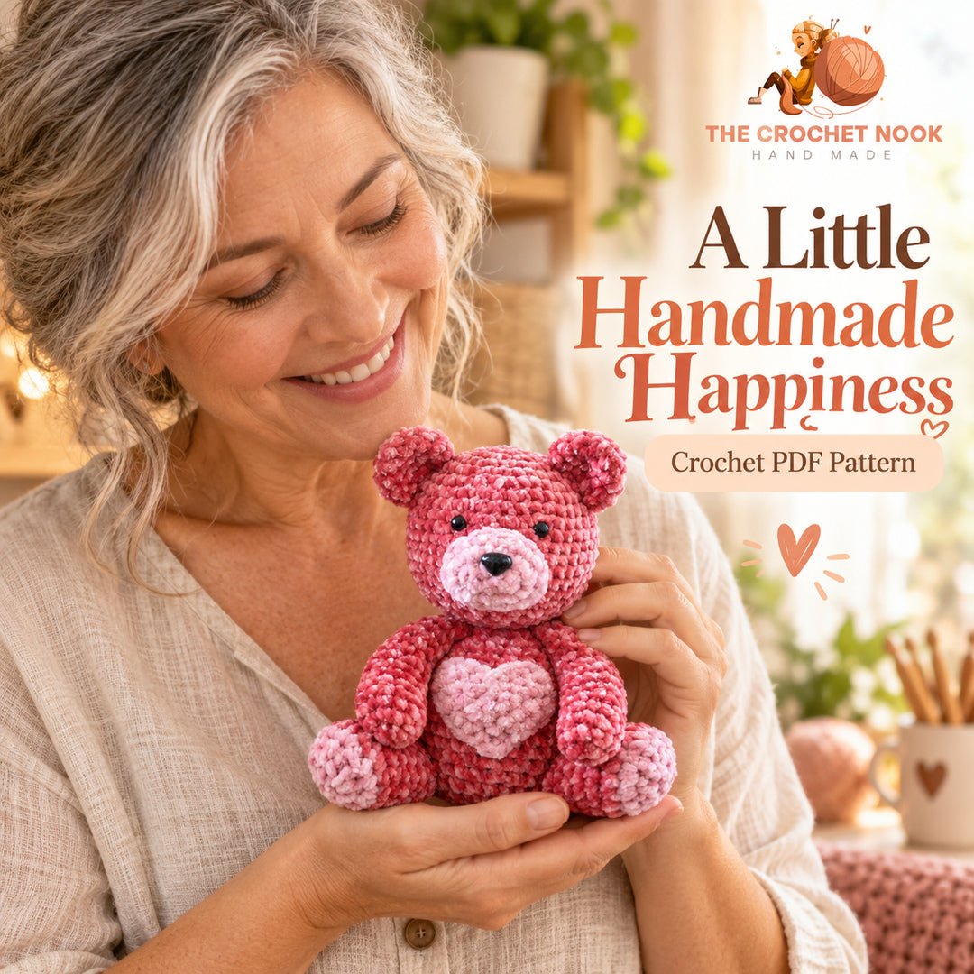 Sweetheart Velvet Teddy Bear Crochet Pattern — woman around 55 gently holding the small pink velvet teddy bear. Digital pattern.