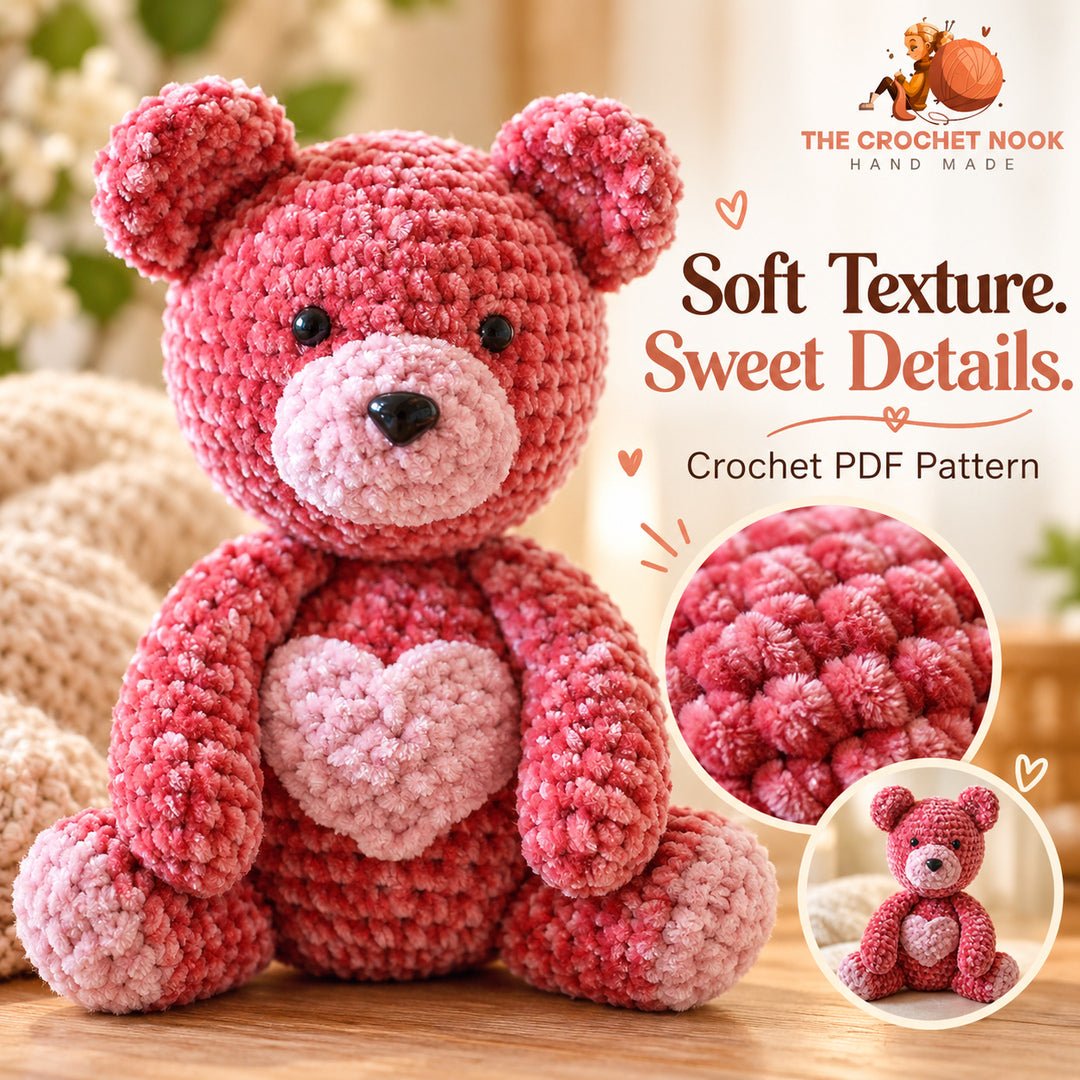 Sweetheart Velvet Teddy Bear Crochet Pattern — close-up of the velvet crochet texture, round ears and heart applique. Digital pattern.