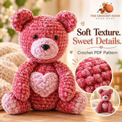 Sweetheart Velvet Teddy Bear Crochet Pattern — close-up of the velvet crochet texture, round ears and heart applique. Digital pattern.