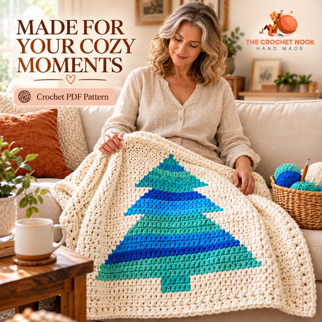 Winter Pines Tree Blanket Crochet Pattern held by a woman around 54 on a cream sofa. Digital crochet pattern.