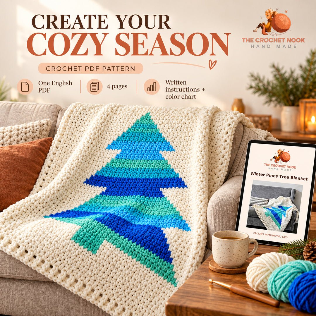 Winter Pines Tree Blanket Crochet Pattern with yarn, crochet hook and the actual branded PDF cover preview. Digital crochet pattern.