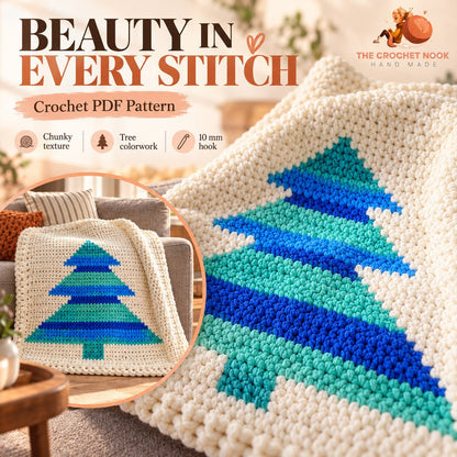 Winter Pines Tree Blanket Crochet Pattern showing chunky single-crochet texture and tree colorwork. Digital crochet pattern.