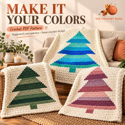Winter Pines Tree Blanket Crochet Pattern in three suggested yarn palettes with the same design. Digital crochet pattern.