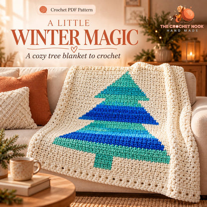 Winter Pines Tree Blanket Crochet Pattern displayed in a warm home setting. Digital crochet pattern.