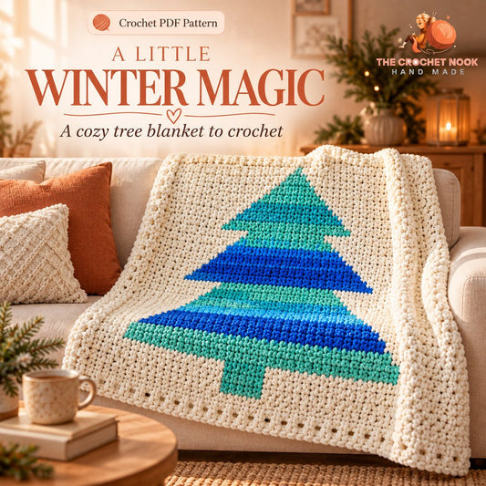 Winter Pines Tree Blanket Crochet Pattern displayed in a warm home setting. Digital crochet pattern.